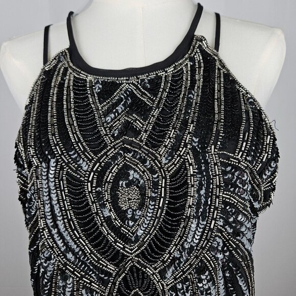 Parker Zane Fully Beaded Black Gold Sequin Silk Halter Tank Top Large - Picture 4 of 14